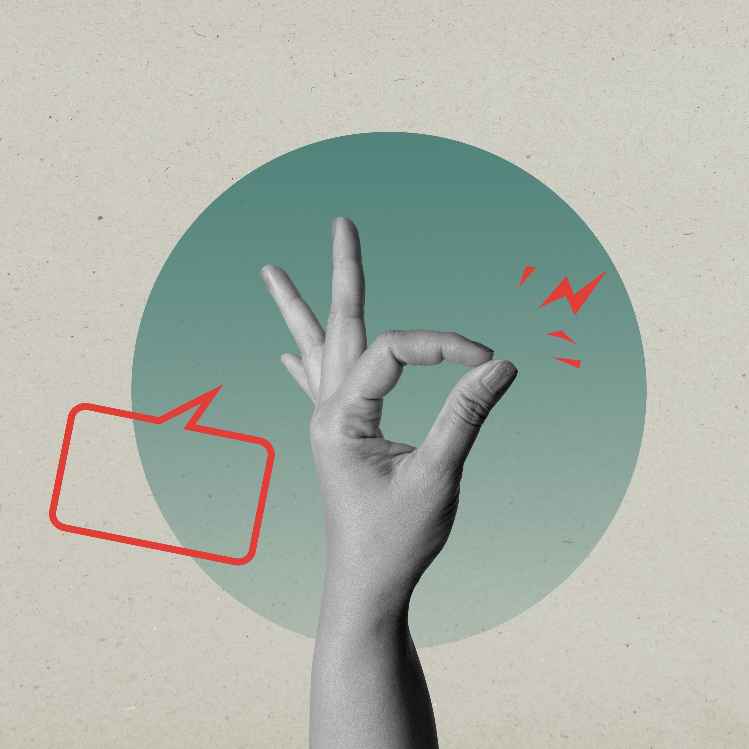 The human hand shows the ok sign gesture with a colored background